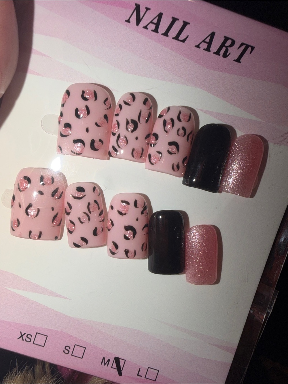 Pink Leopard Print Press-On Nails with Black & Rose Glitter Accents